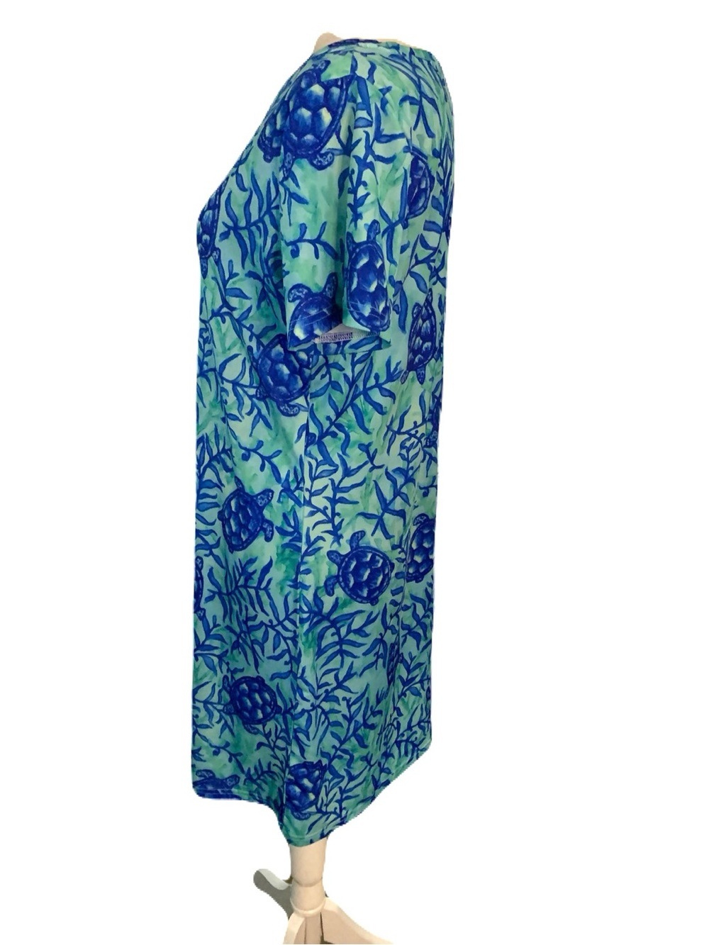 Knot Responsible Small Blue/Turquoise Stretchy Turtle Print Dress Coastal Beach - Picture 2 of 6